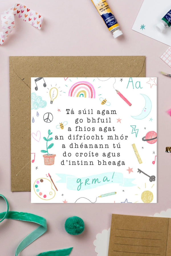 Thank You Teacher Card ~ Little hearts and minds - as gaeilge