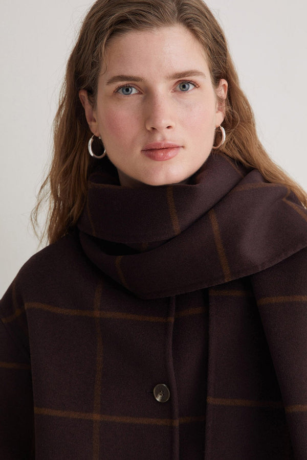 Draped Check Wool Bouclé Coat with Scarf