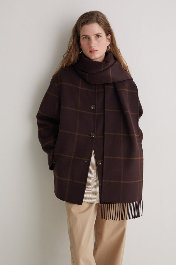 Draped Check Wool Bouclé Coat with Scarf