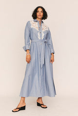 Crochet Denim Shirt Dress in Ice Blue