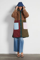 Harlow Quilted Midi Parker in Beige and Red