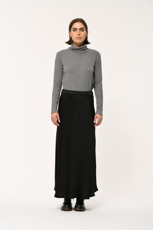 Flared Satin Midi Skirt in Black