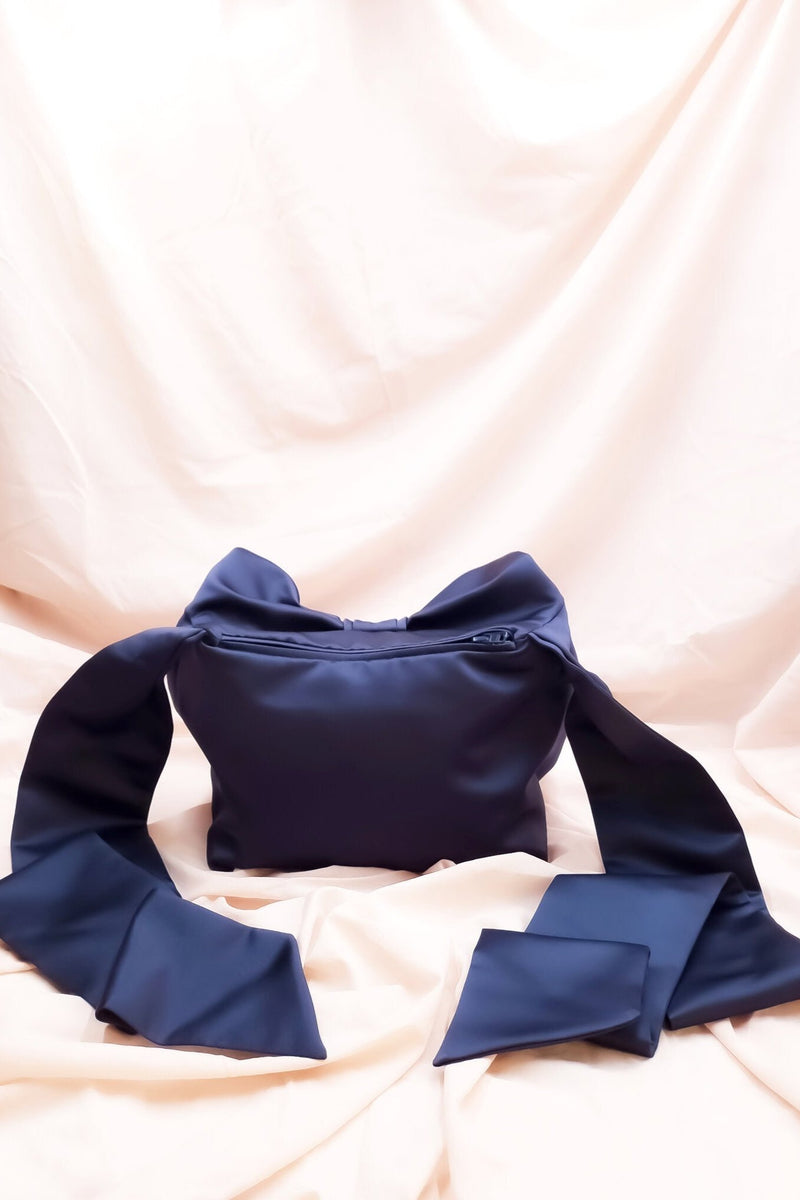 Mini Bow Crossbody in Navy Satin