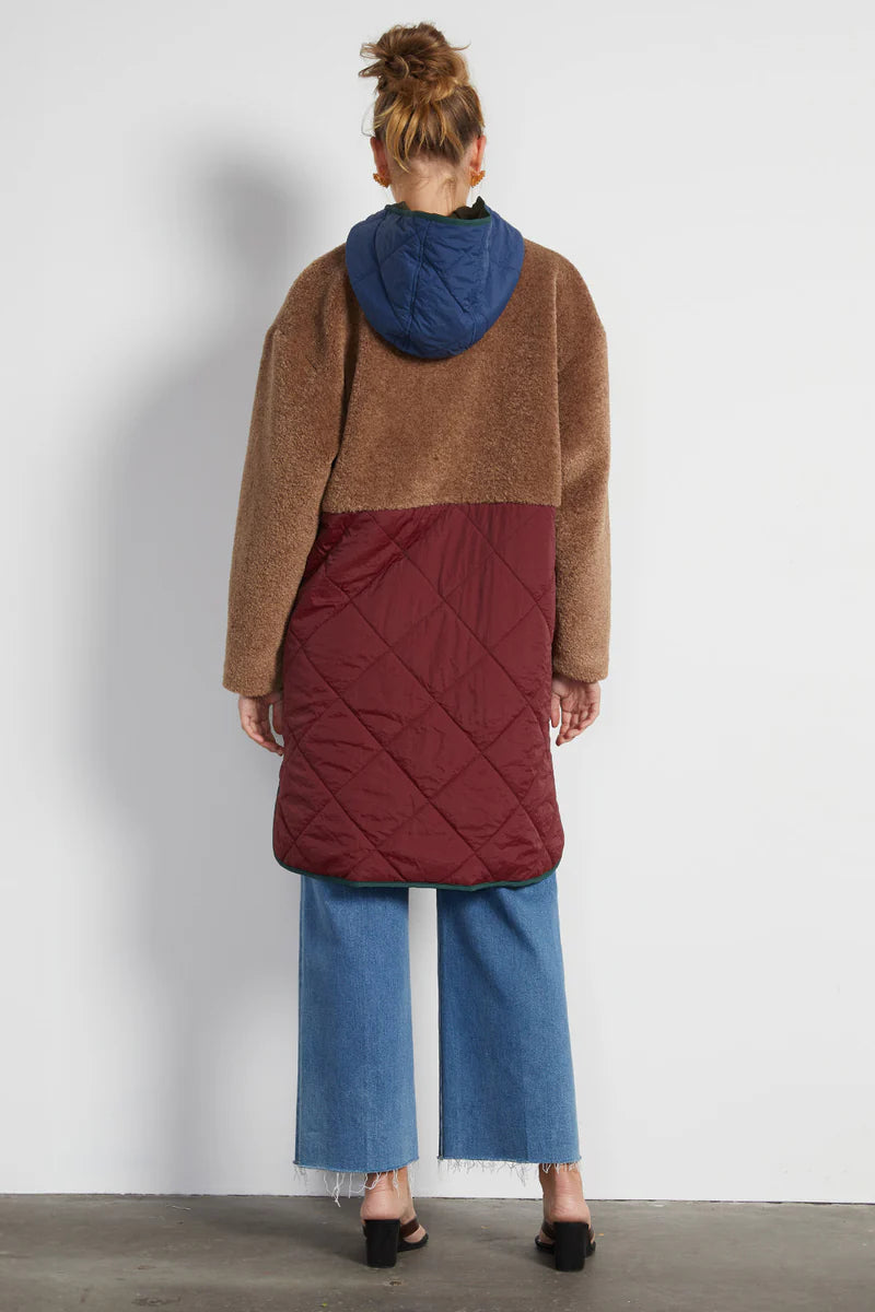 Harlow Quilted Midi Parker in Beige and Red