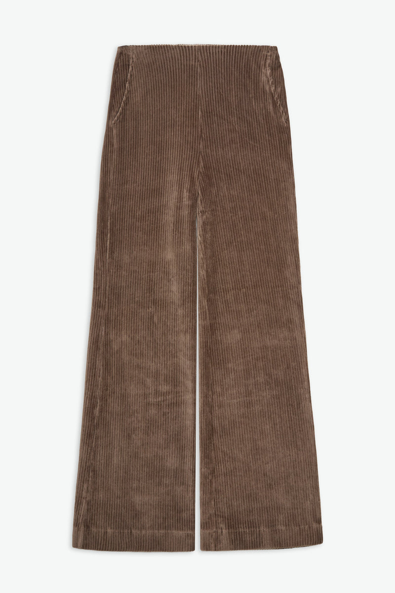 Brown corduroy pants on a white background