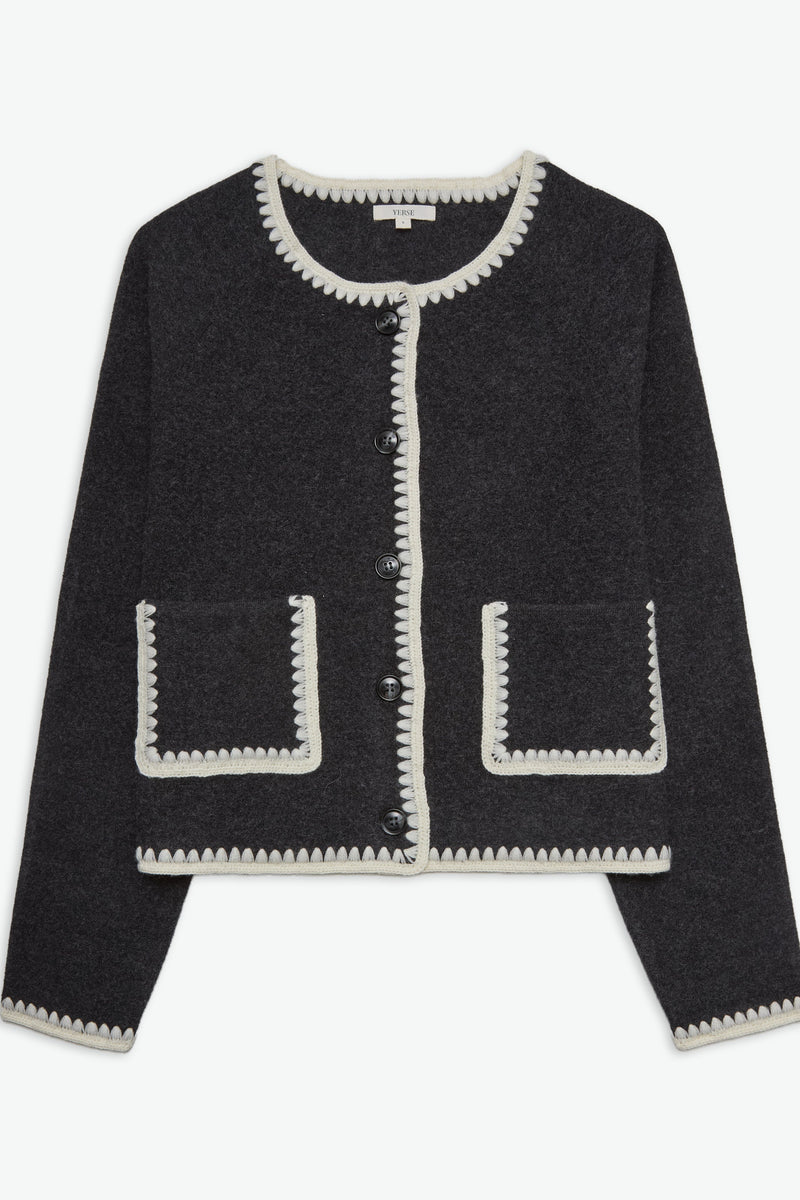 Blanket Stich Cardigan in Dark Grey