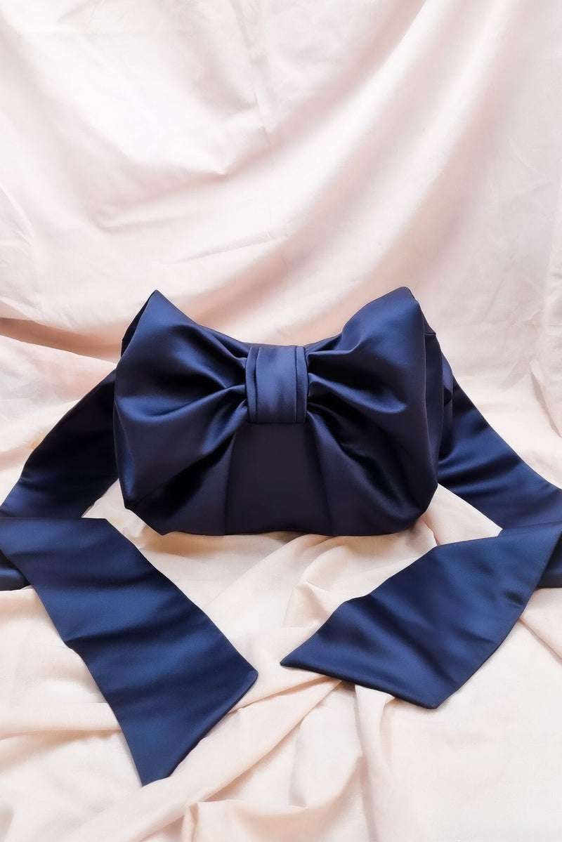 Mini Bow Crossbody in Navy Satin