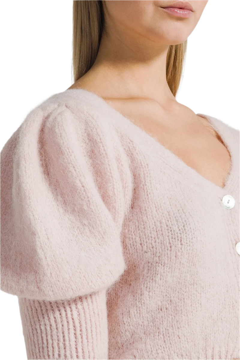 Manda Cropped Puff Sleeve Cardigan in Light Pink