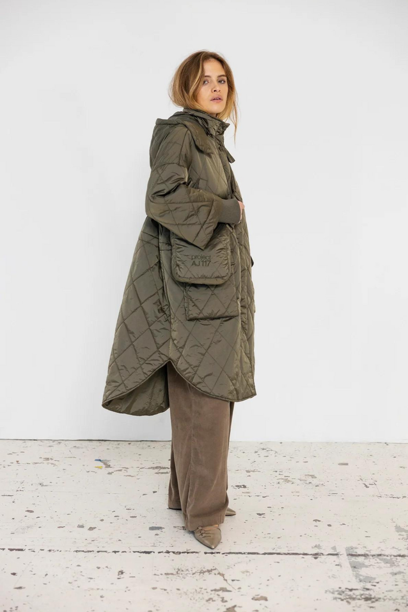 Long green quilted coat online