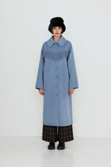 Frills Long Coat in Washed Blue