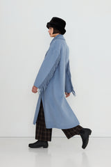 Frills Long Coat in Washed Blue
