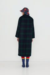 Long Check Coat in Navy