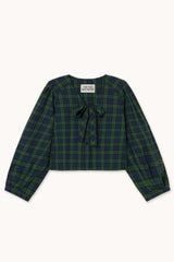 Green Check Bow Blouse in Navy