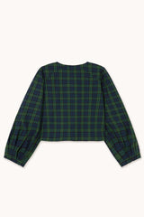Green Check Bow Blouse in Navy