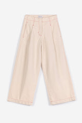 Ecru Twill Pleated Barrel Pants