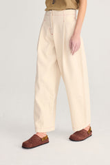 Ecru Twill Pleated Barrel Pants