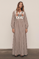 Scallop Embroidery Bib Maxi Dress in Stripe