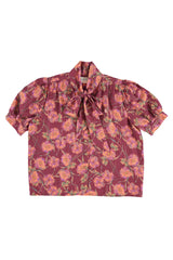 Blouse with Bow in Bordeaux and Flowers