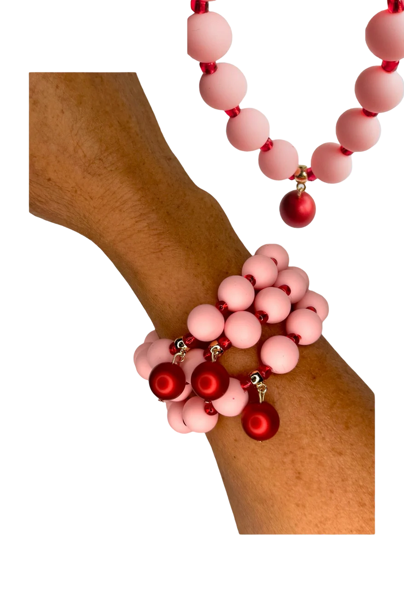 Beau pink + red beaded charm bracelet