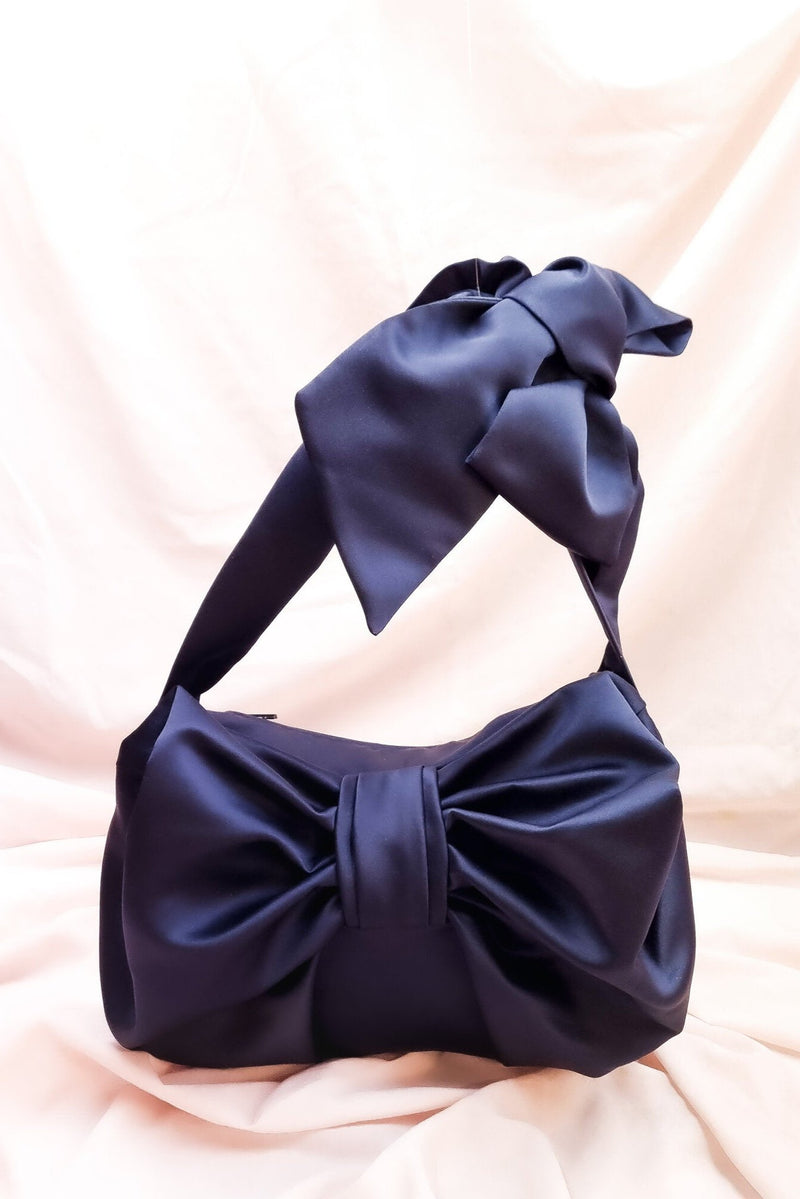 Mini Bow Crossbody in Navy Satin