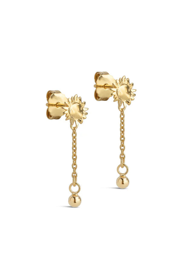 Gold earrings with chain drops on a white background