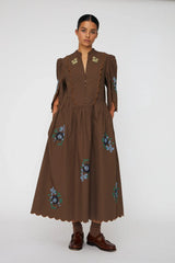 Embroidered Loose Midi Dress in Brown