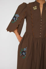 Embroidered Loose Midi Dress in Brown