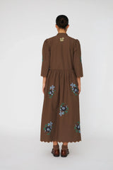 Embroidered Loose Midi Dress in Brown