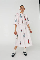 Lighthouse Embroidered Midi Dress in Pale Pink