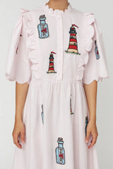 Lighthouse Embroidered Midi Dress in Pale Pink