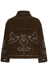 Brown jacket with decorative patterns on the back against a white background