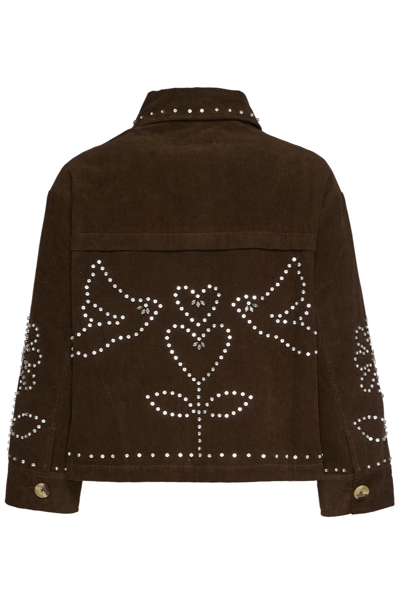 Brown jacket with decorative patterns on the back against a white background