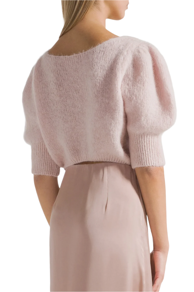 Manda Cropped Puff Sleeve Cardigan in Light Pink