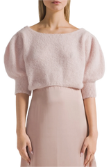 Manda Cropped Puff Sleeve Cardigan in Light Pink