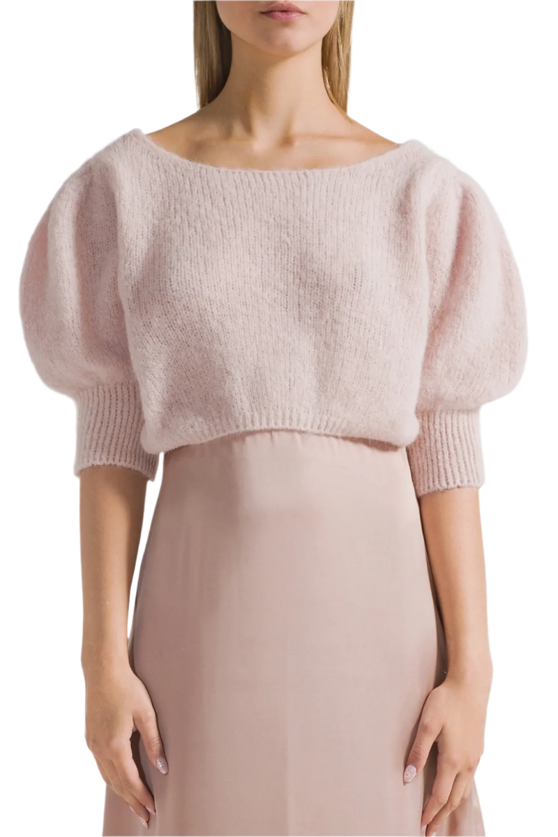 Manda Cropped Puff Sleeve Cardigan in Light Pink