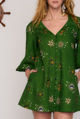 Firefly Billow Sleeve Mini Dress in Green