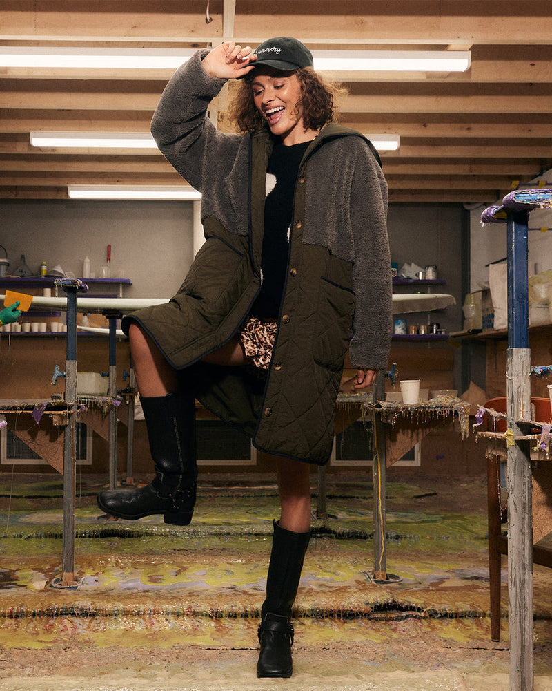 Harlow Quilted Midi Parker in Khaki