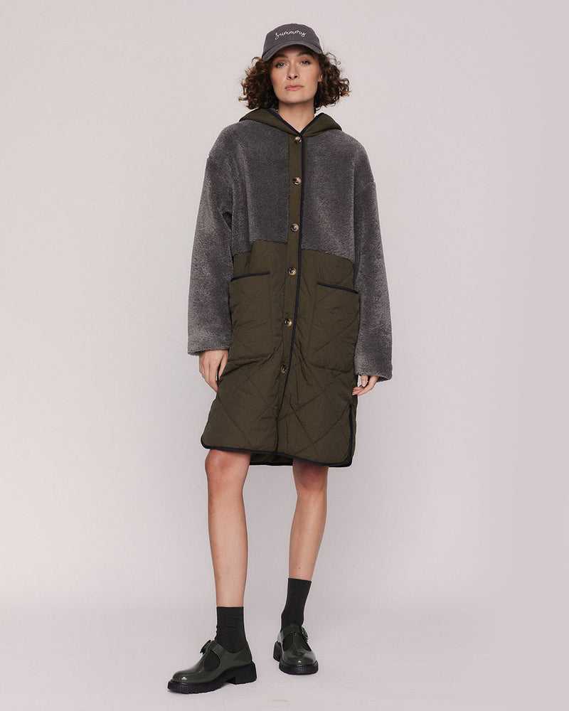 Harlow Quilted Midi Parker in Khaki