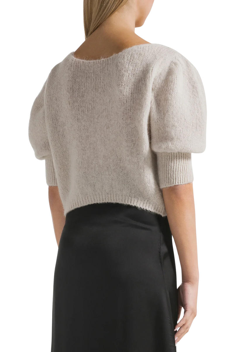 Manda Cropped Puff Sleeve Cardigan in Beige