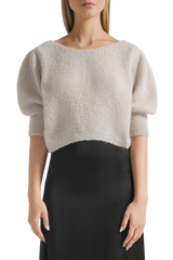 Manda Cropped Puff Sleeve Cardigan in Beige