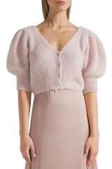 Manda Cropped Puff Sleeve Cardigan in Light Pink