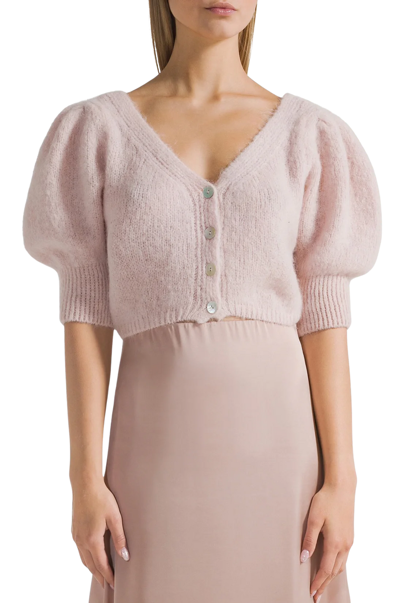 Manda Cropped Puff Sleeve Cardigan in Light Pink