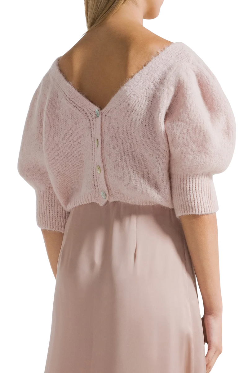 Manda Cropped Puff Sleeve Cardigan in Light Pink