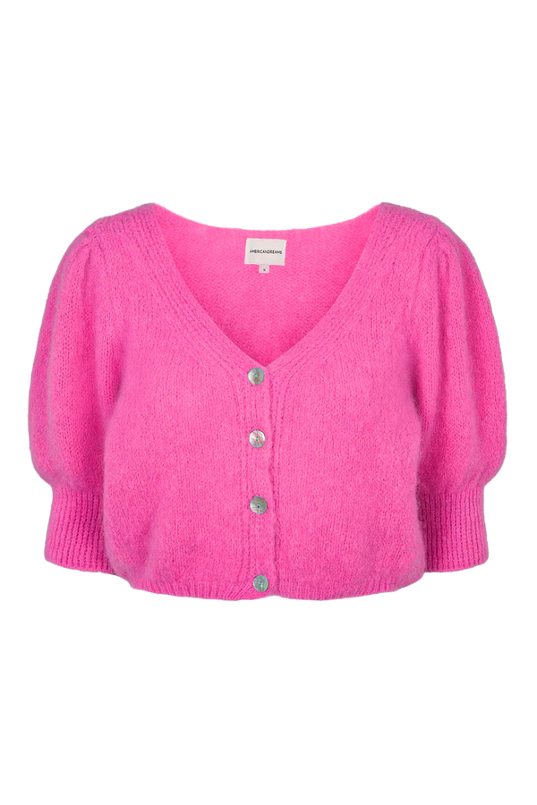 Cropped Puff Sleeve Cardigan in Neon Pink