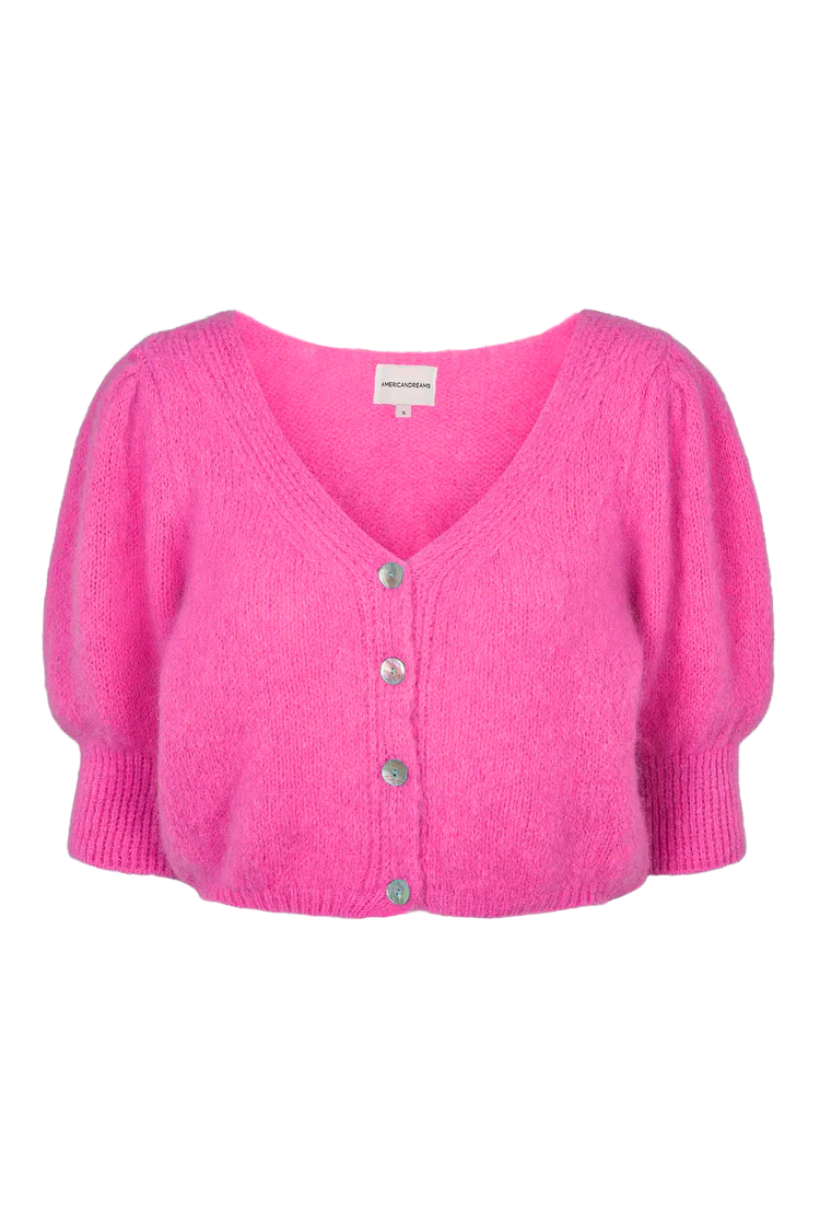 Cropped Puff Sleeve Cardigan in Neon Pink