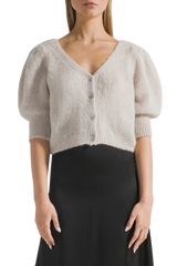 Manda Cropped Puff Sleeve Cardigan in Beige