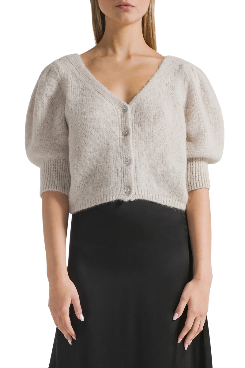 Manda Cropped Puff Sleeve Cardigan in Beige