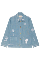 Light blue denim jacket with white floral embroidery on a white background