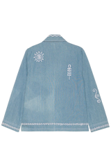 Light blue denim jacket with white embroidery on a white background
