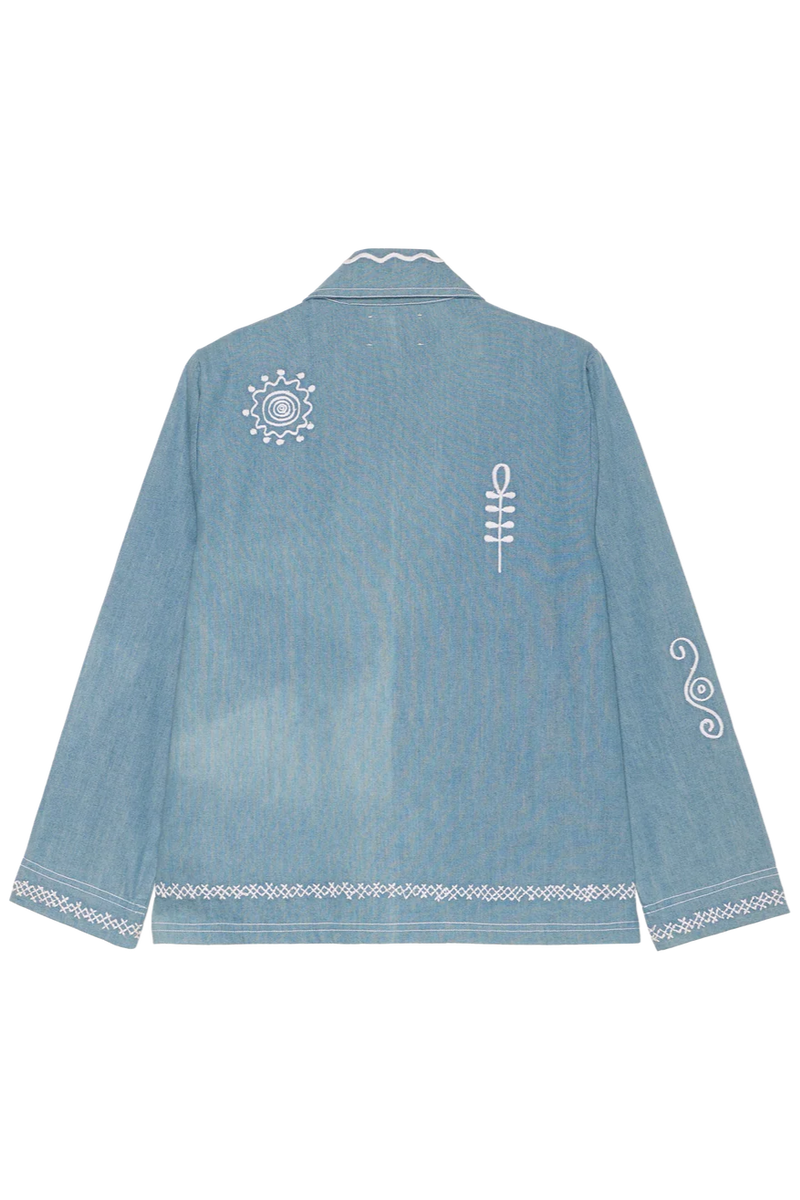 Light blue denim jacket with white embroidery on a white background